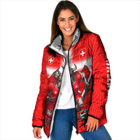 Personalized Switzerland Football Bull Mascot Padded Jacket Swiss Flag And Alps Mountain Background With Muscular Bull Art