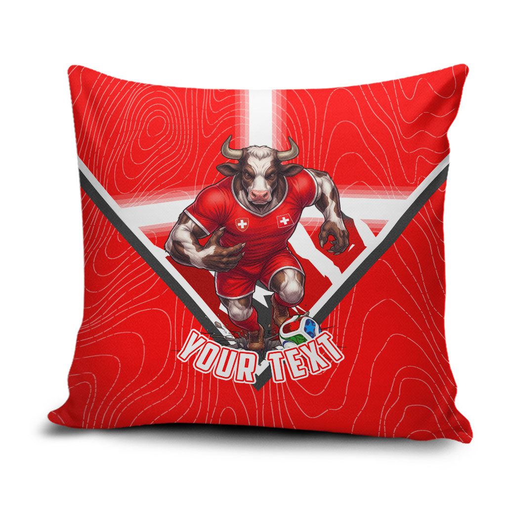 Personalized Switzerland Football Bull Mascot Pillow Cover Swiss Flag And Alps Mountain Background With Muscular Bull Art