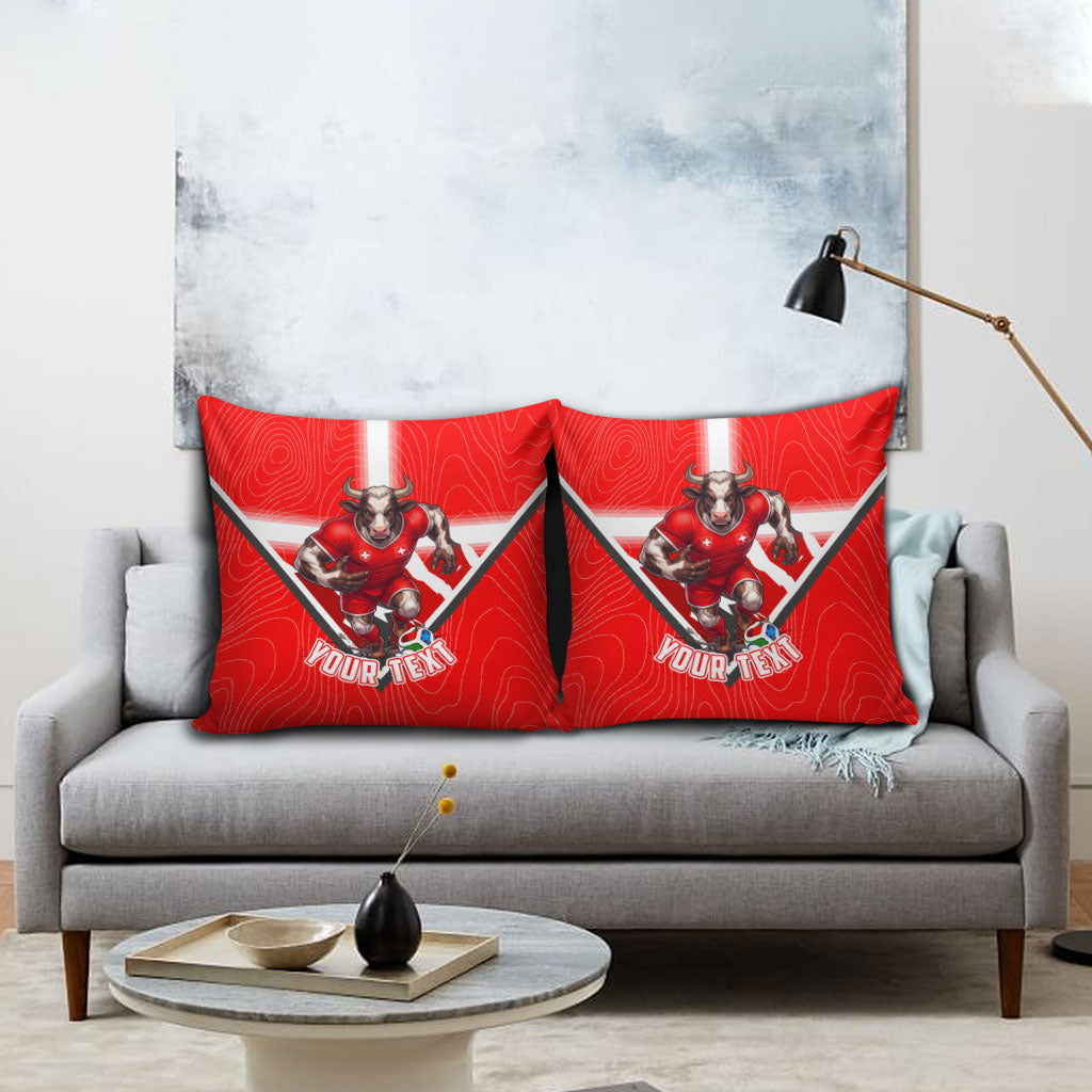 Personalized Switzerland Football Bull Mascot Pillow Cover Swiss Flag And Alps Mountain Background With Muscular Bull Art
