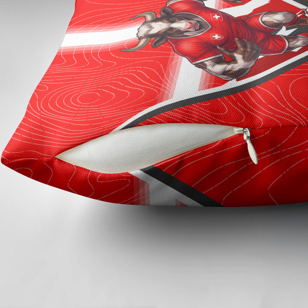 Personalized Switzerland Football Bull Mascot Pillow Cover Swiss Flag And Alps Mountain Background With Muscular Bull Art