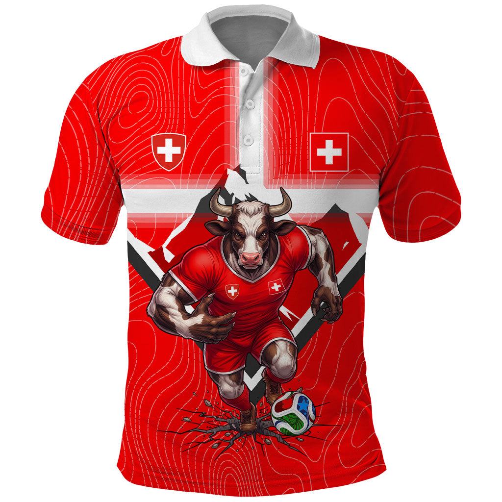 Personalized Switzerland Football Bull Mascot Polo Shirt Swiss Flag And Alps Mountain Background With Muscular Bull Art