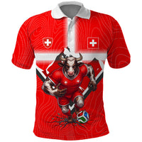Personalized Switzerland Football Bull Mascot Polo Shirt Swiss Flag And Alps Mountain Background With Muscular Bull Art