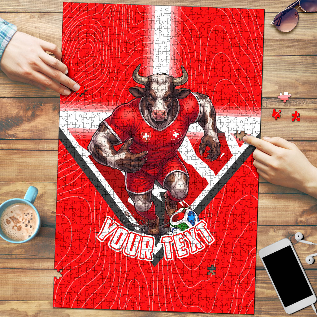Personalized Switzerland Football Bull Mascot Puzzle Swiss Flag And Alps Mountain Background With Muscular Bull Art