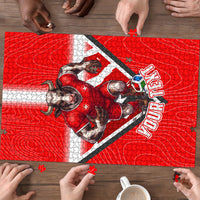Personalized Switzerland Football Bull Mascot Puzzle Swiss Flag And Alps Mountain Background With Muscular Bull Art