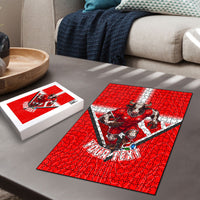 Personalized Switzerland Football Bull Mascot Puzzle Swiss Flag And Alps Mountain Background With Muscular Bull Art