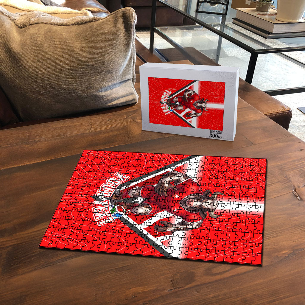 Personalized Switzerland Football Bull Mascot Puzzle Swiss Flag And Alps Mountain Background With Muscular Bull Art