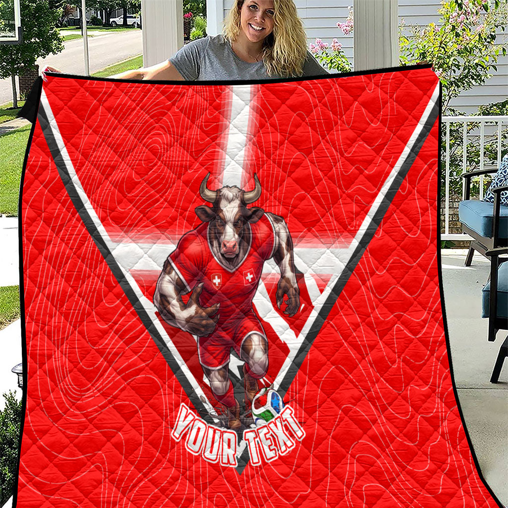 Personalized Switzerland Football Bull Mascot Quilt Swiss Flag And Alps Mountain Background With Muscular Bull Art