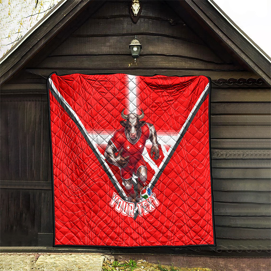 Personalized Switzerland Football Bull Mascot Quilt Swiss Flag And Alps Mountain Background With Muscular Bull Art
