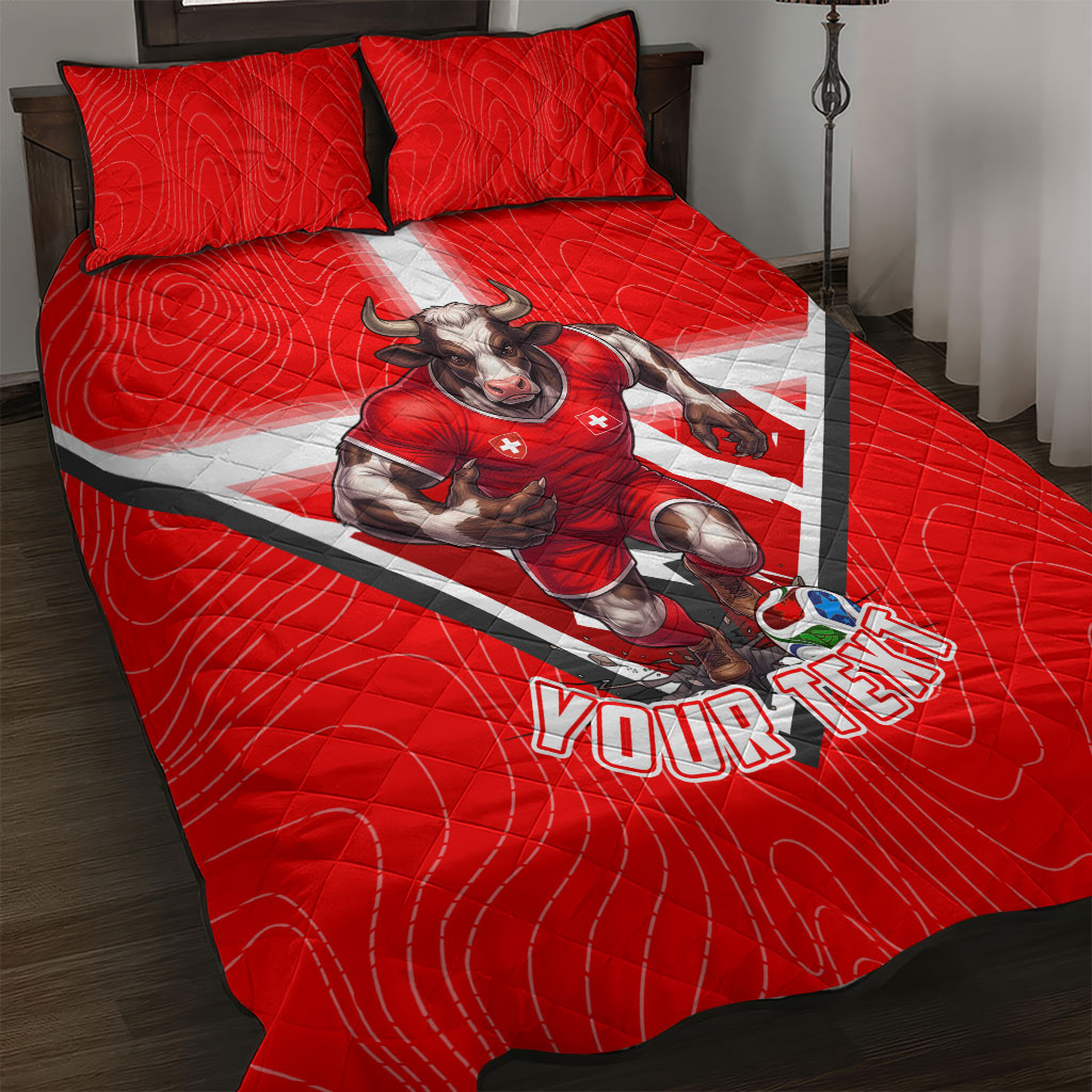 Personalized Switzerland Football Bull Mascot Quilt Bed Set Swiss Flag And Alps Mountain Background With Muscular Bull Art