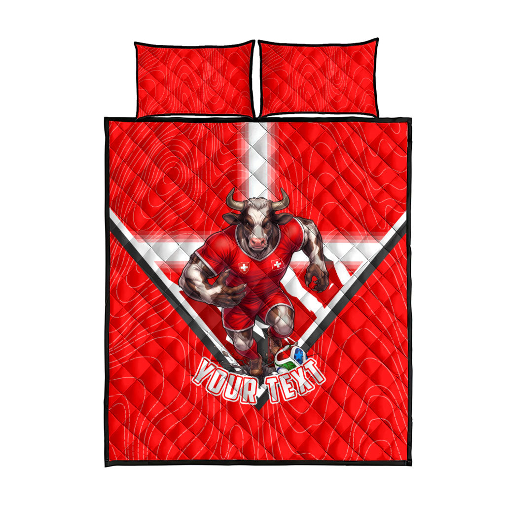 Personalized Switzerland Football Bull Mascot Quilt Bed Set Swiss Flag And Alps Mountain Background With Muscular Bull Art