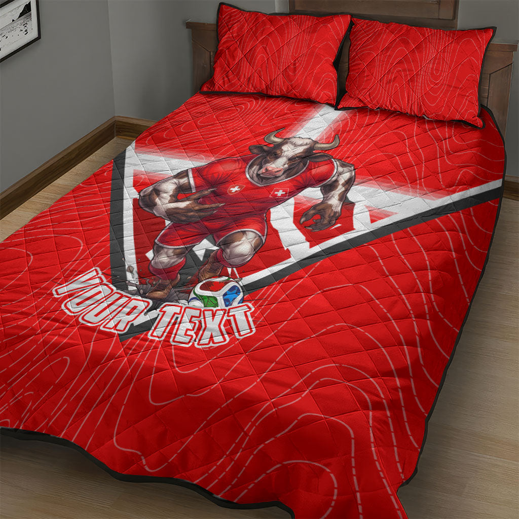 Personalized Switzerland Football Bull Mascot Quilt Bed Set Swiss Flag And Alps Mountain Background With Muscular Bull Art