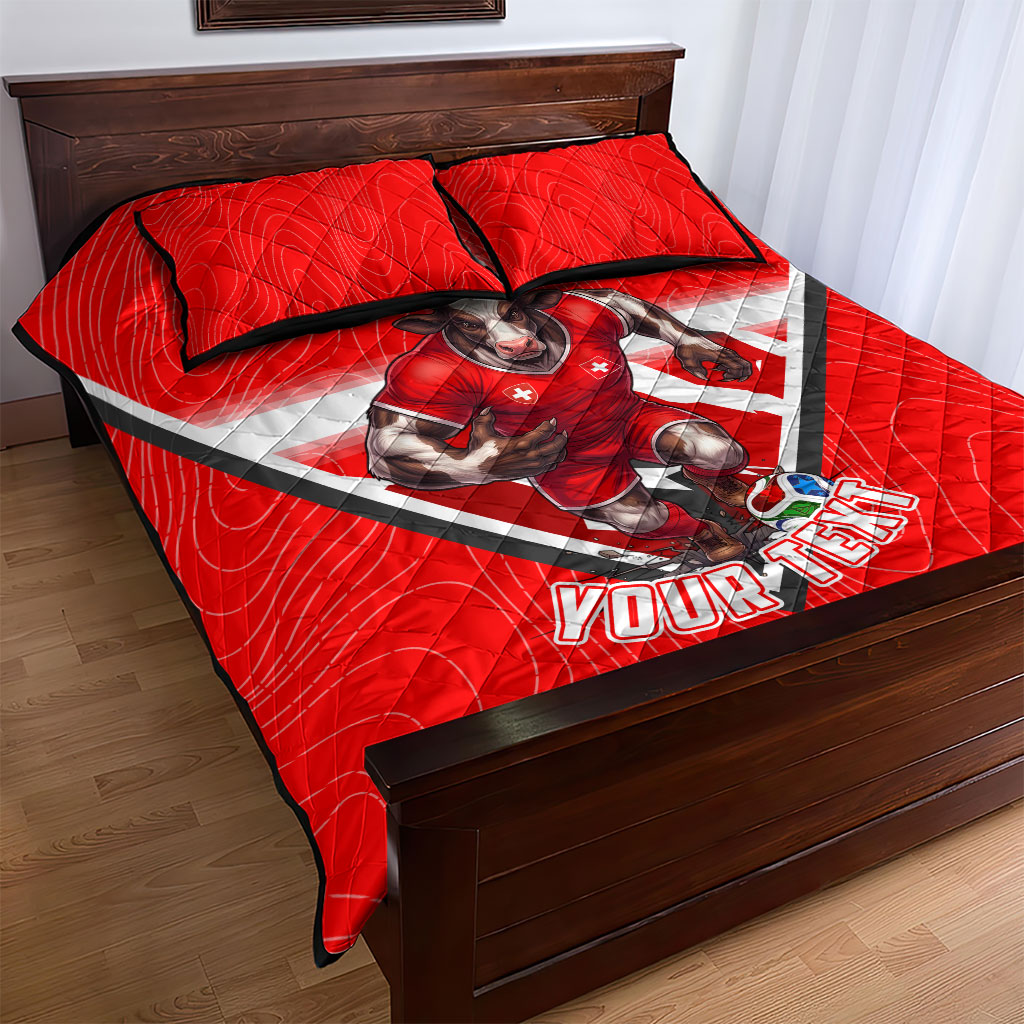 Personalized Switzerland Football Bull Mascot Quilt Bed Set Swiss Flag And Alps Mountain Background With Muscular Bull Art
