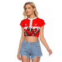 Personalized Switzerland Football Bull Mascot Raglan Cropped T Shirt Swiss Flag And Alps Mountain Background With Muscular Bull Art