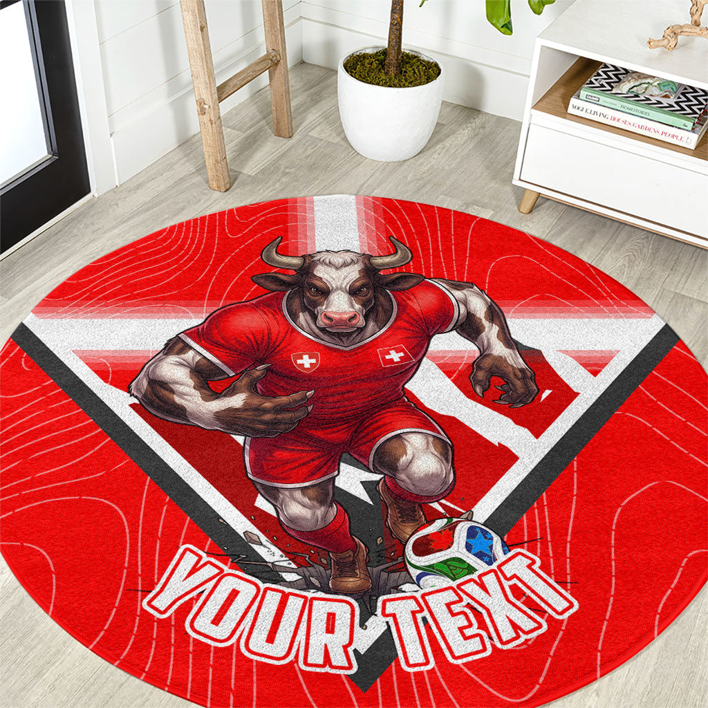 Personalized Switzerland Football Bull Mascot Round Carpet Swiss Flag And Alps Mountain Background With Muscular Bull Art