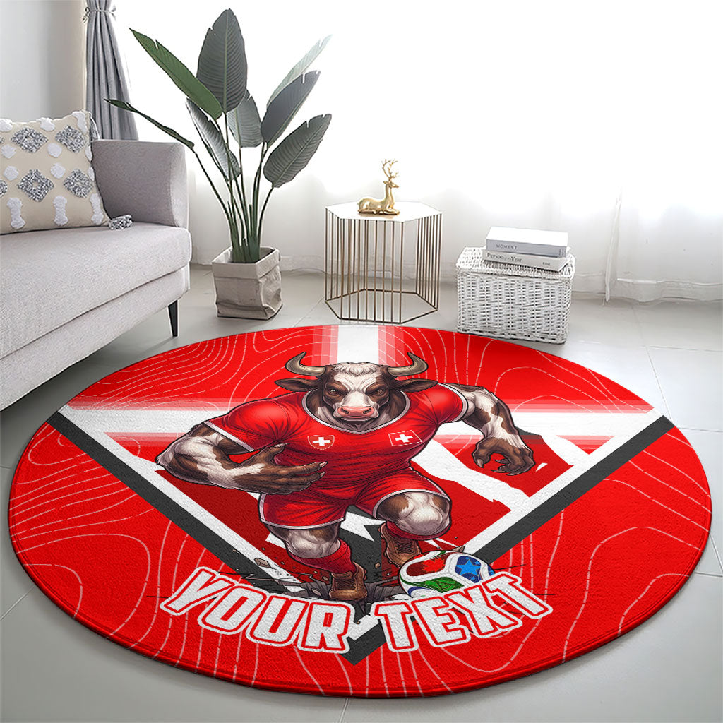 Personalized Switzerland Football Bull Mascot Round Carpet Swiss Flag And Alps Mountain Background With Muscular Bull Art