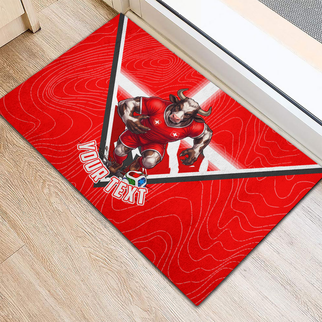 Personalized Switzerland Football Bull Mascot Rubber Doormat Swiss Flag And Alps Mountain Background With Muscular Bull Art