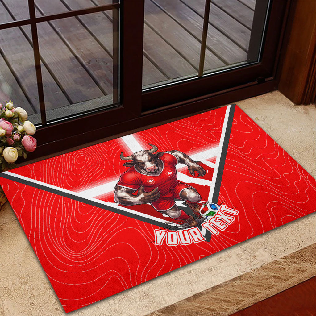 Personalized Switzerland Football Bull Mascot Rubber Doormat Swiss Flag And Alps Mountain Background With Muscular Bull Art