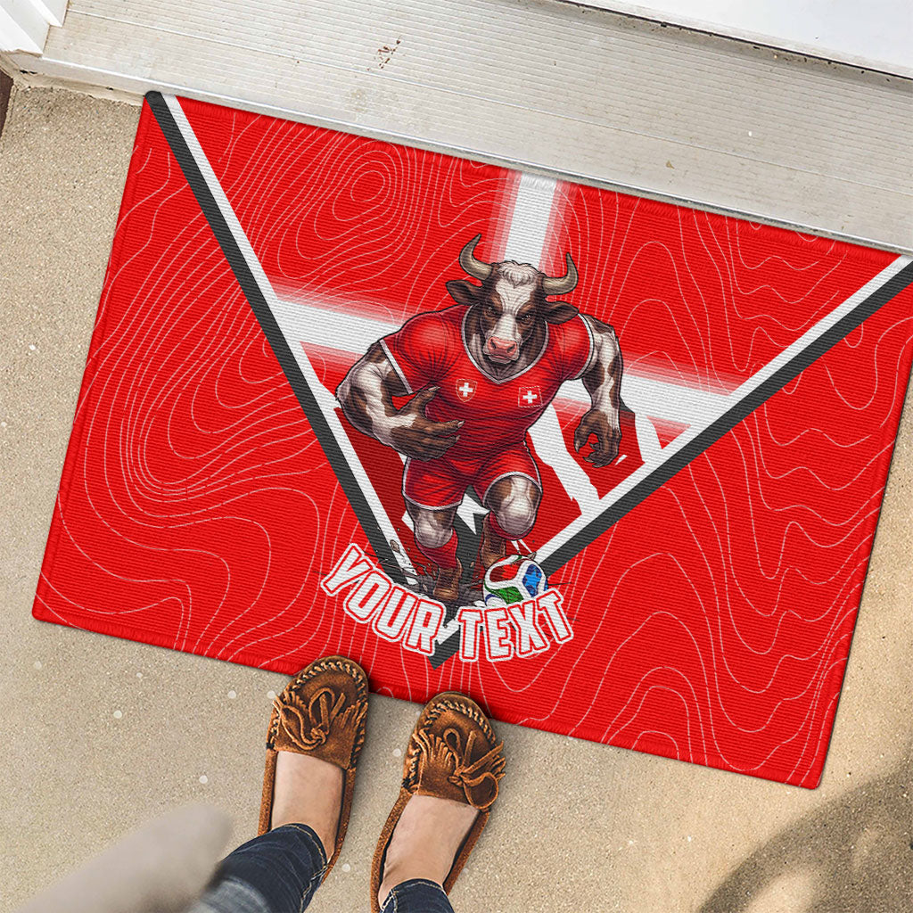 Personalized Switzerland Football Bull Mascot Rubber Doormat Swiss Flag And Alps Mountain Background With Muscular Bull Art