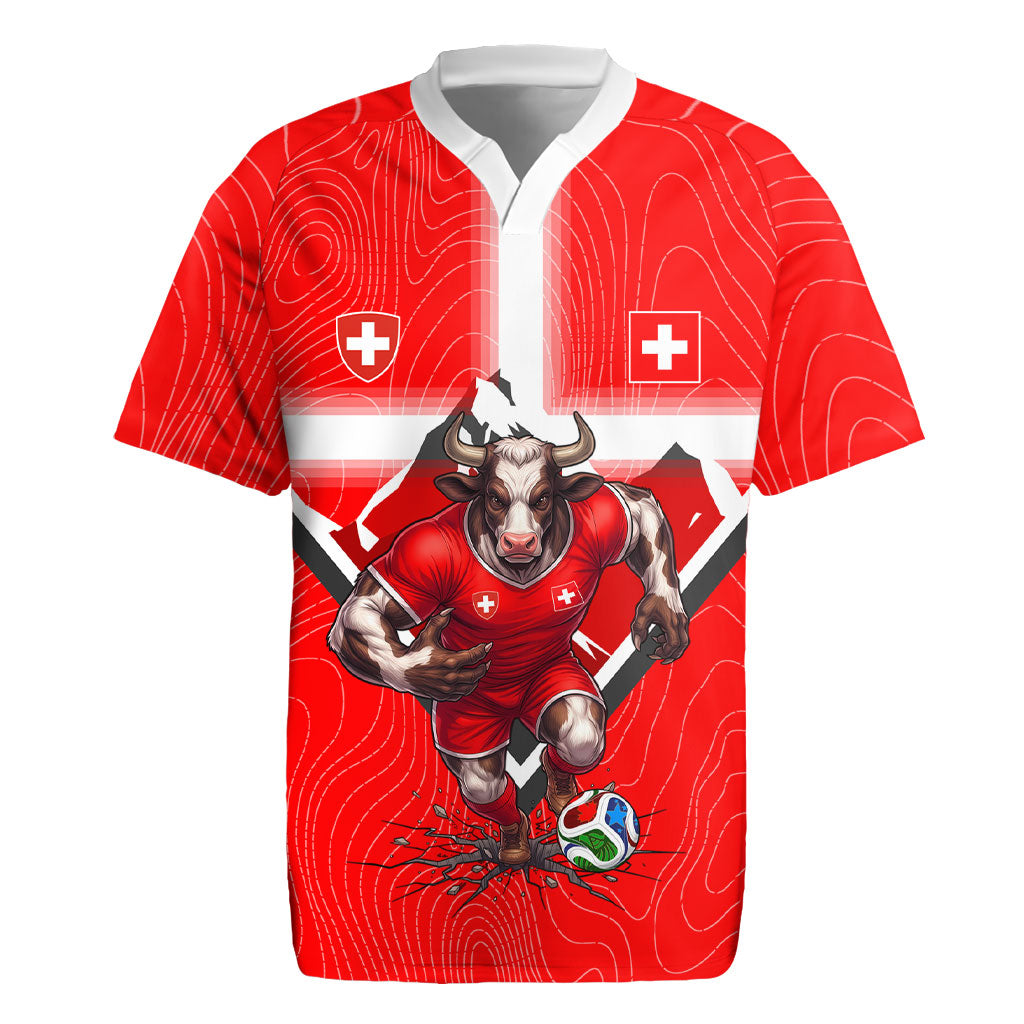 Personalized Switzerland Football Bull Mascot Rugby Jersey Swiss Flag And Alps Mountain Background With Muscular Bull Art