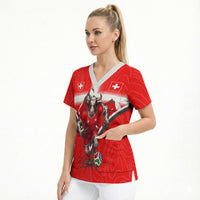 Personalized Switzerland Football Bull Mascot Scrub Top Swiss Flag And Alps Mountain Background With Muscular Bull Art