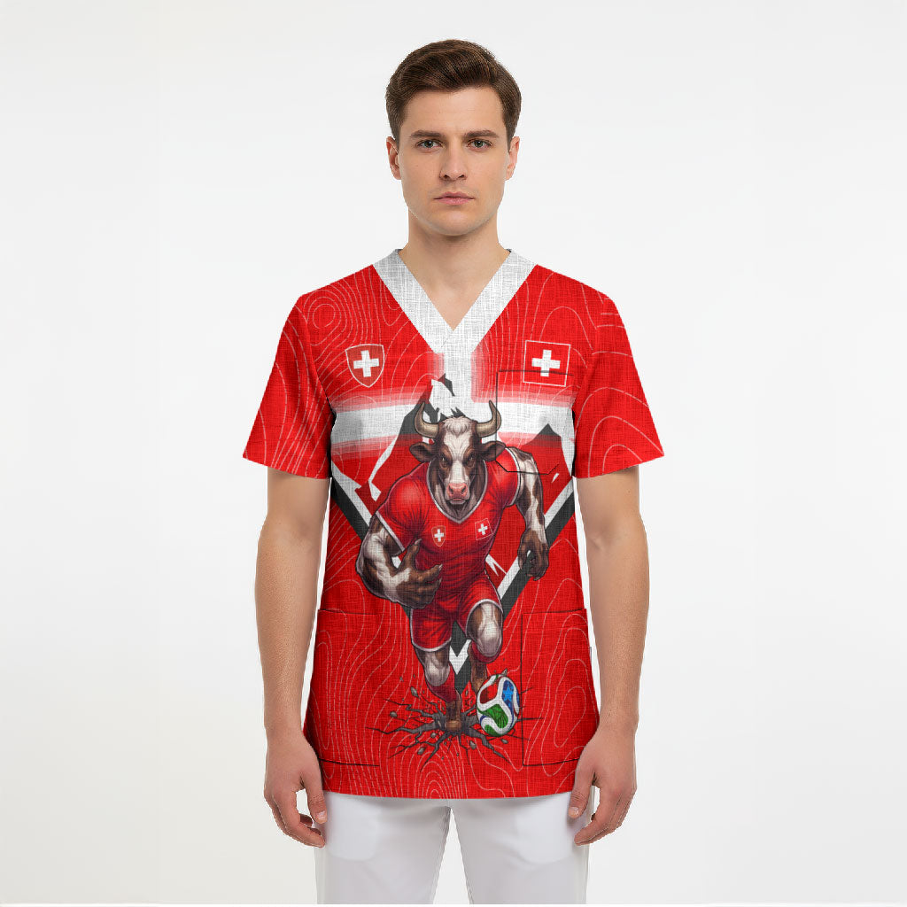 Personalized Switzerland Football Bull Mascot Scrub Top Swiss Flag And Alps Mountain Background With Muscular Bull Art