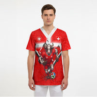 Personalized Switzerland Football Bull Mascot Scrub Top Swiss Flag And Alps Mountain Background With Muscular Bull Art
