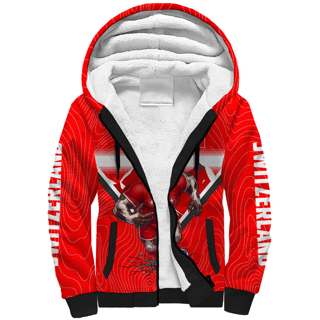 Personalized Switzerland Football Bull Mascot Sherpa Hoodie Swiss Flag And Alps Mountain Background With Muscular Bull Art