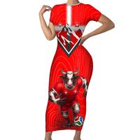 Personalized Switzerland Football Bull Mascot Short Sleeve Bodycon Dress Swiss Flag And Alps Mountain Background With Muscular Bull Art