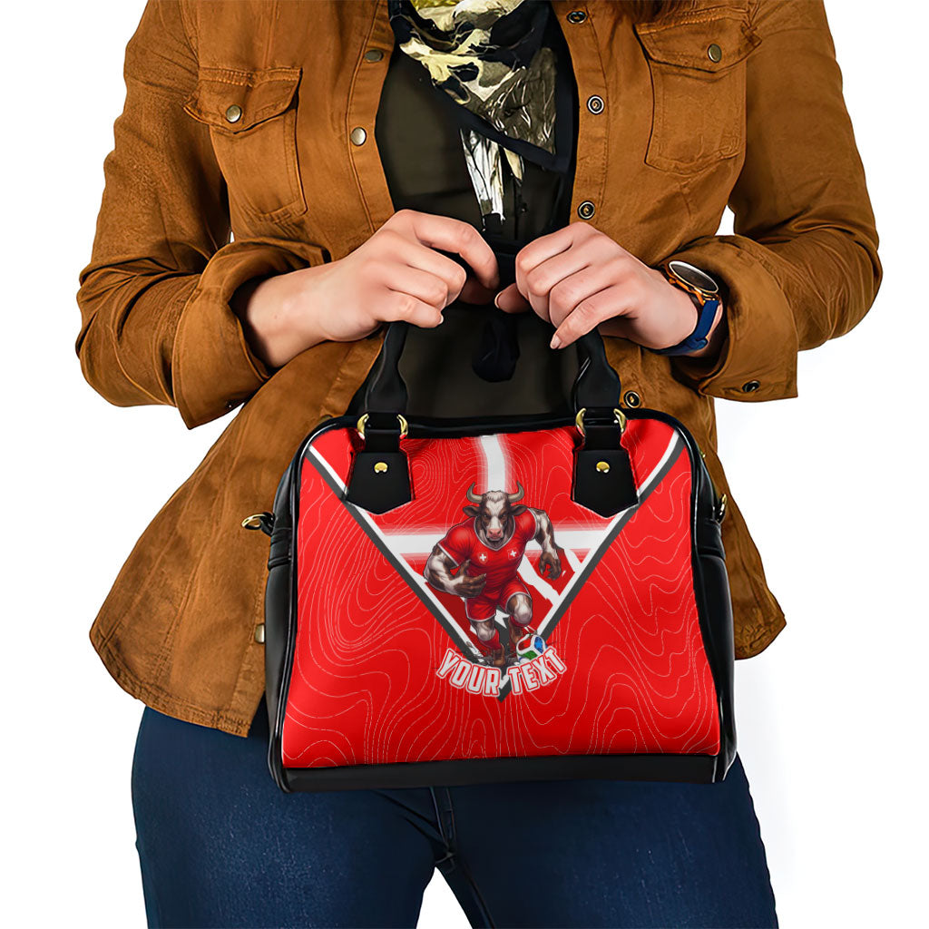Personalized Switzerland Football Bull Mascot Shoulder Handbag Swiss Flag And Alps Mountain Background With Muscular Bull Art