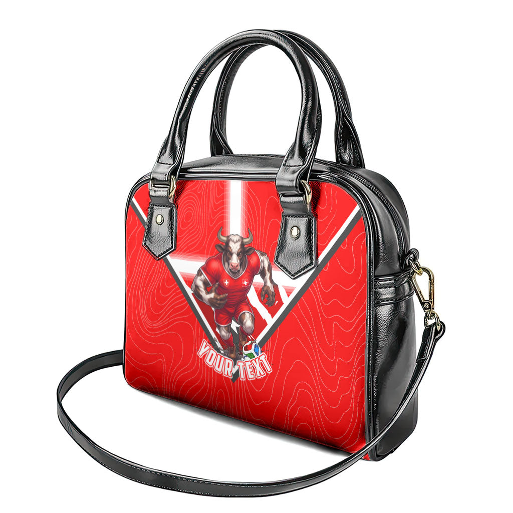 Personalized Switzerland Football Bull Mascot Shoulder Handbag Swiss Flag And Alps Mountain Background With Muscular Bull Art