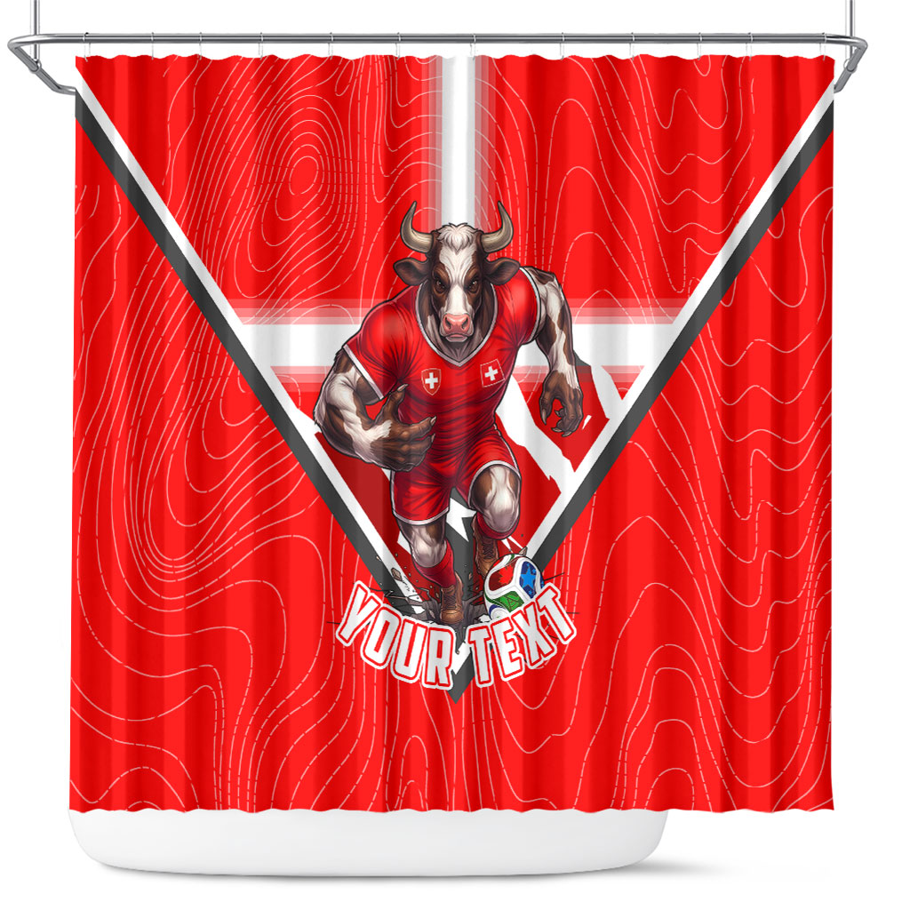 Personalized Switzerland Football Bull Mascot Shower Curtain Swiss Flag And Alps Mountain Background With Muscular Bull Art