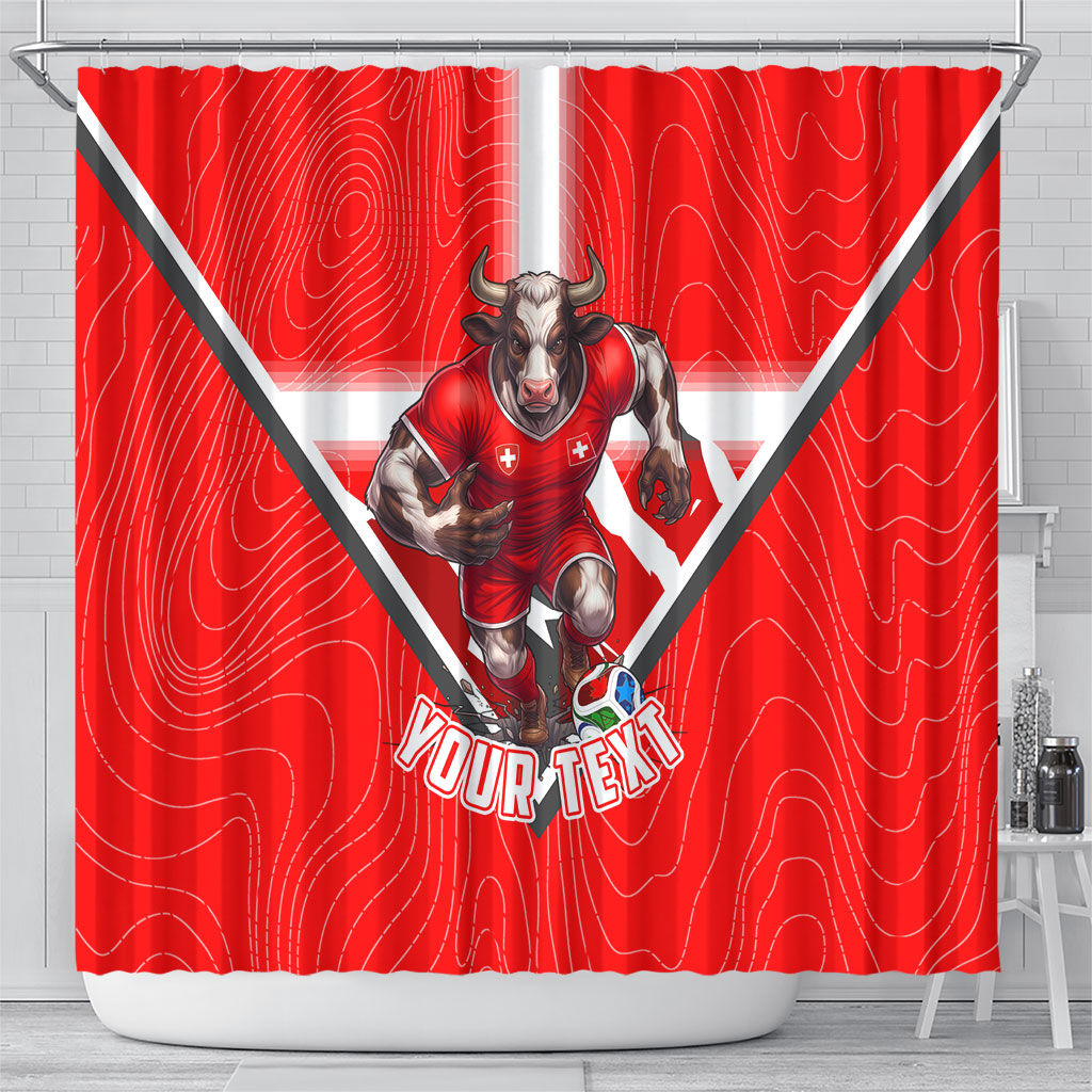 Personalized Switzerland Football Bull Mascot Shower Curtain Swiss Flag And Alps Mountain Background With Muscular Bull Art