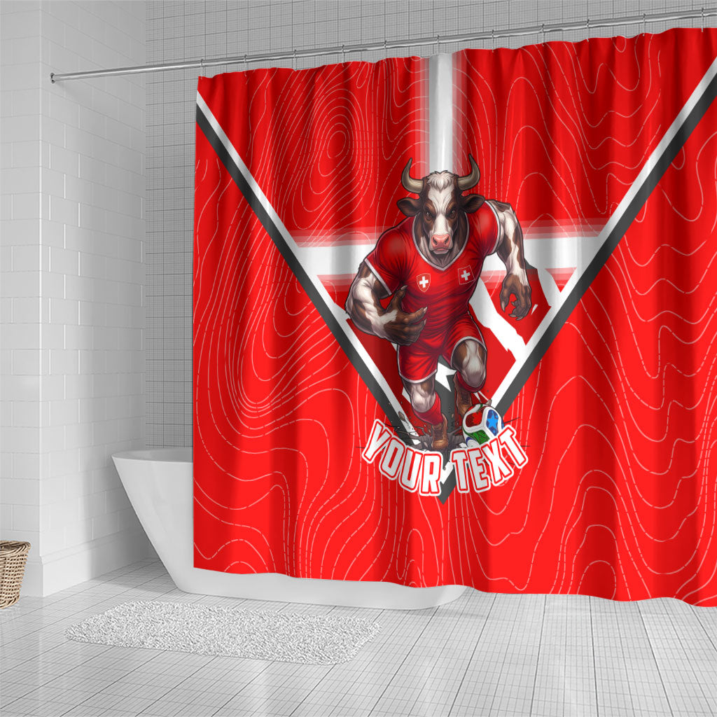 Personalized Switzerland Football Bull Mascot Shower Curtain Swiss Flag And Alps Mountain Background With Muscular Bull Art