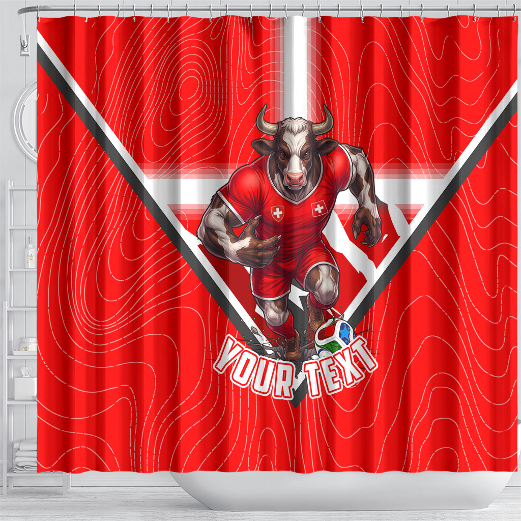 Personalized Switzerland Football Bull Mascot Shower Curtain Swiss Flag And Alps Mountain Background With Muscular Bull Art