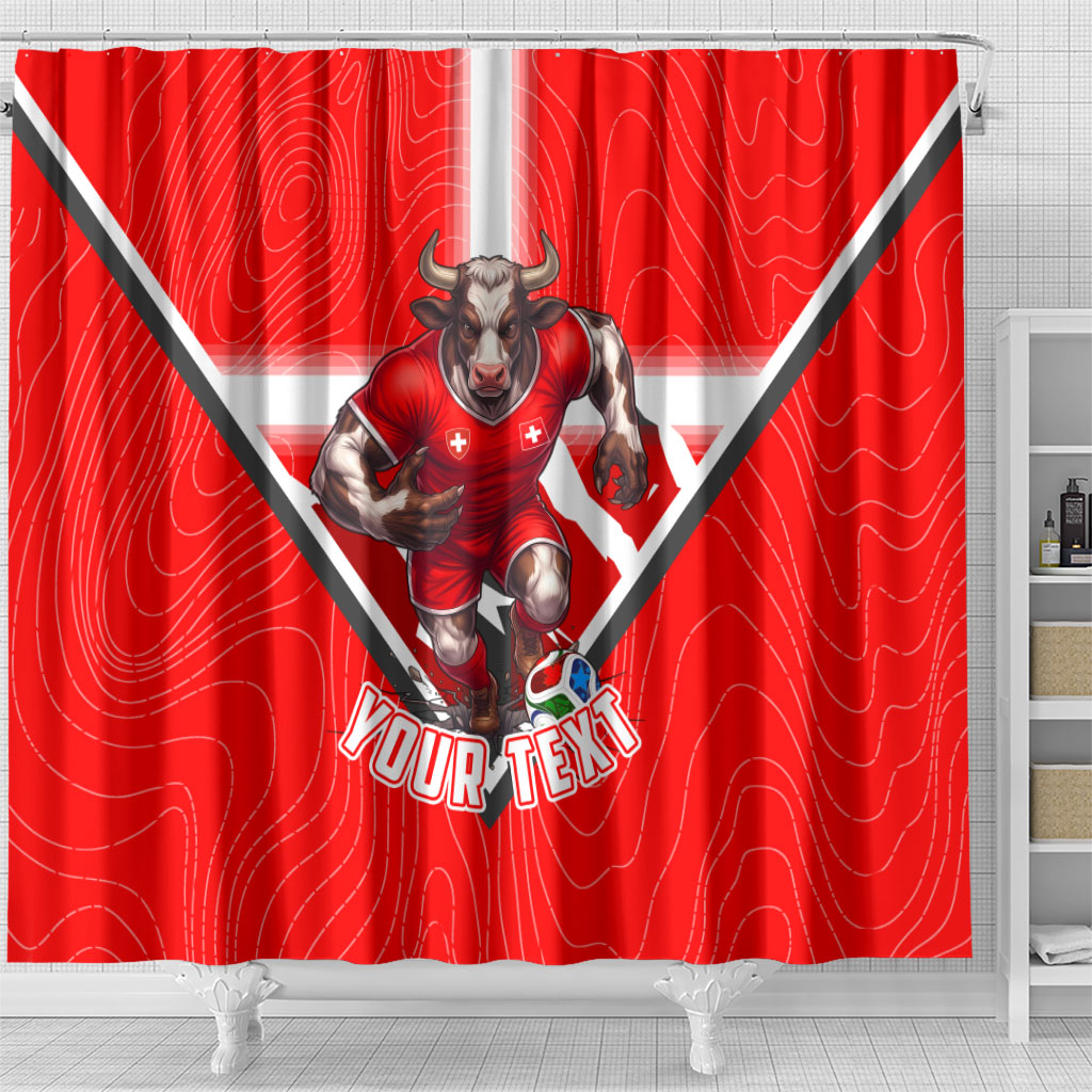 Personalized Switzerland Football Bull Mascot Shower Curtain Swiss Flag And Alps Mountain Background With Muscular Bull Art