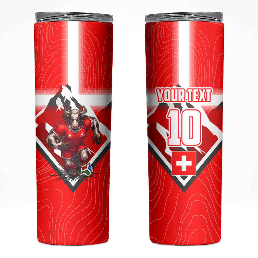 Personalized Switzerland Football Bull Mascot Skinny Tumbler Swiss Flag And Alps Mountain Background With Muscular Bull Art