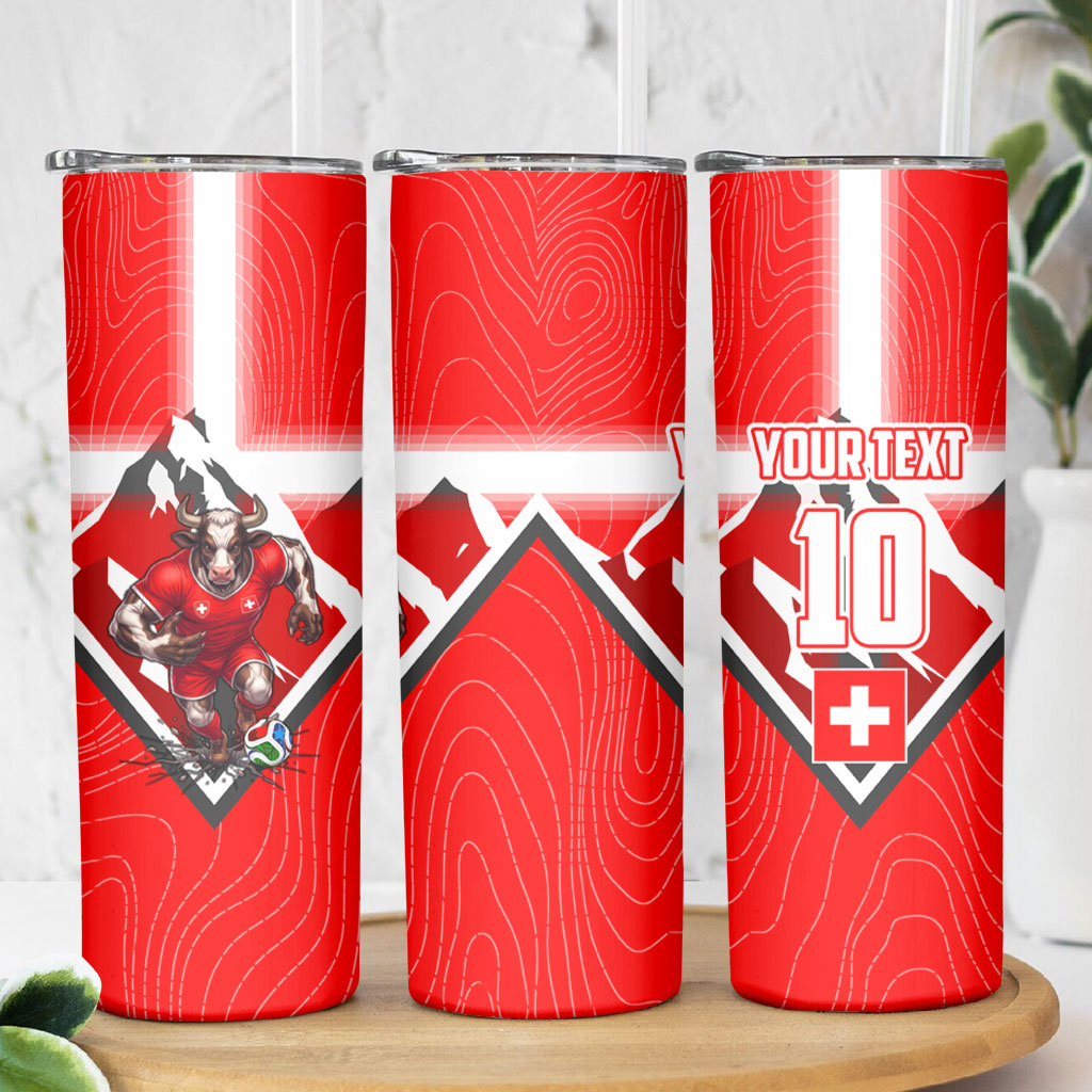 Personalized Switzerland Football Bull Mascot Skinny Tumbler Swiss Flag And Alps Mountain Background With Muscular Bull Art