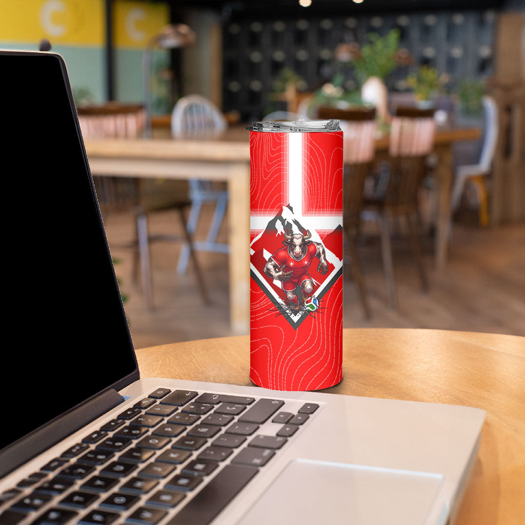 Personalized Switzerland Football Bull Mascot Skinny Tumbler Swiss Flag And Alps Mountain Background With Muscular Bull Art