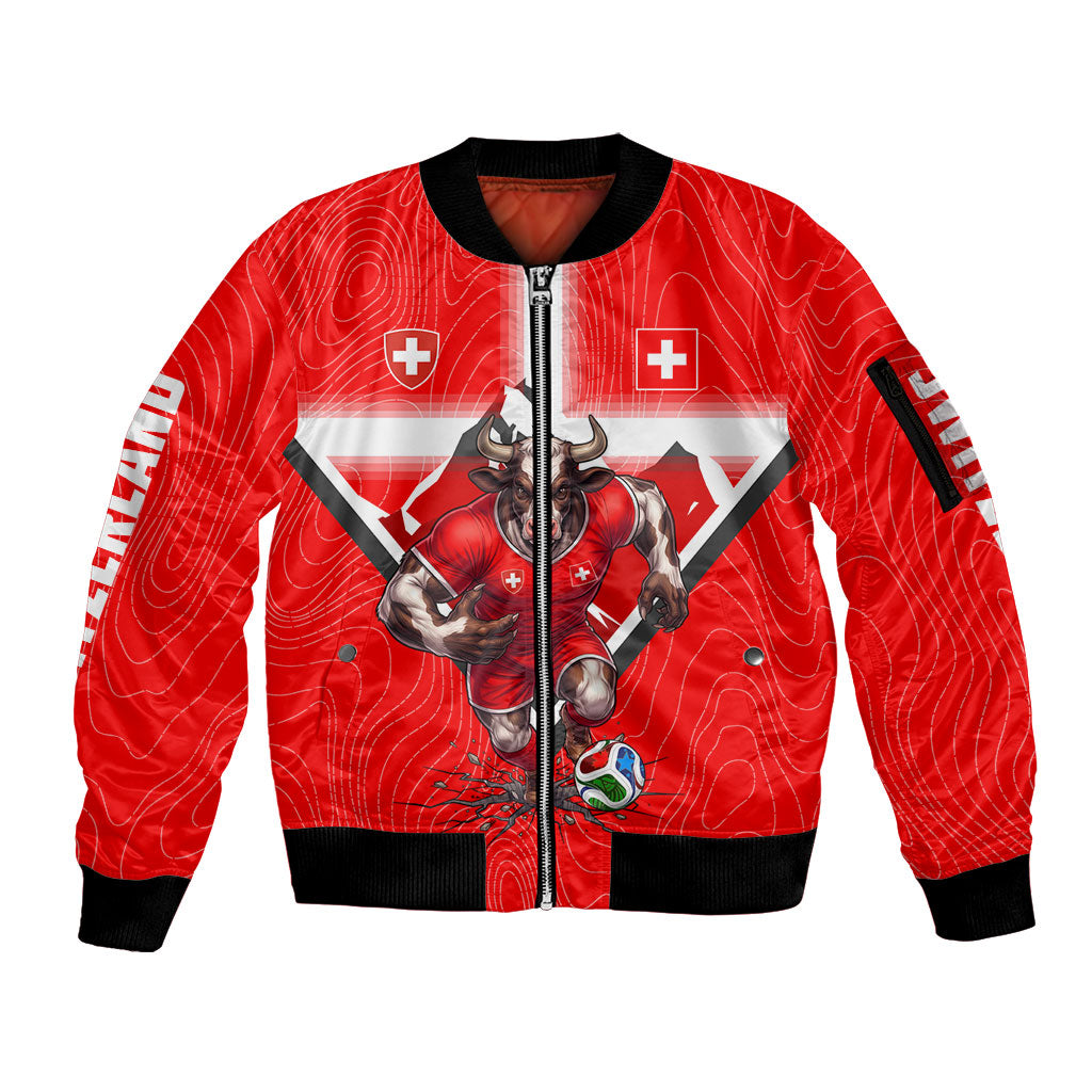 Personalized Switzerland Football Bull Mascot Sleeve Zip Bomber Jacket Swiss Flag And Alps Mountain Background With Muscular Bull Art