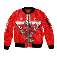 Personalized Switzerland Football Bull Mascot Sleeve Zip Bomber Jacket Swiss Flag And Alps Mountain Background With Muscular Bull Art