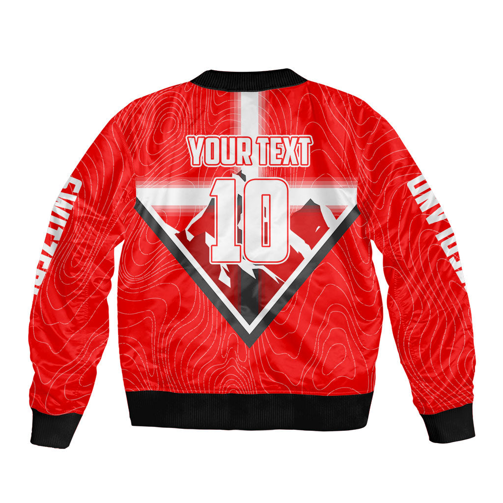 Personalized Switzerland Football Bull Mascot Sleeve Zip Bomber Jacket Swiss Flag And Alps Mountain Background With Muscular Bull Art