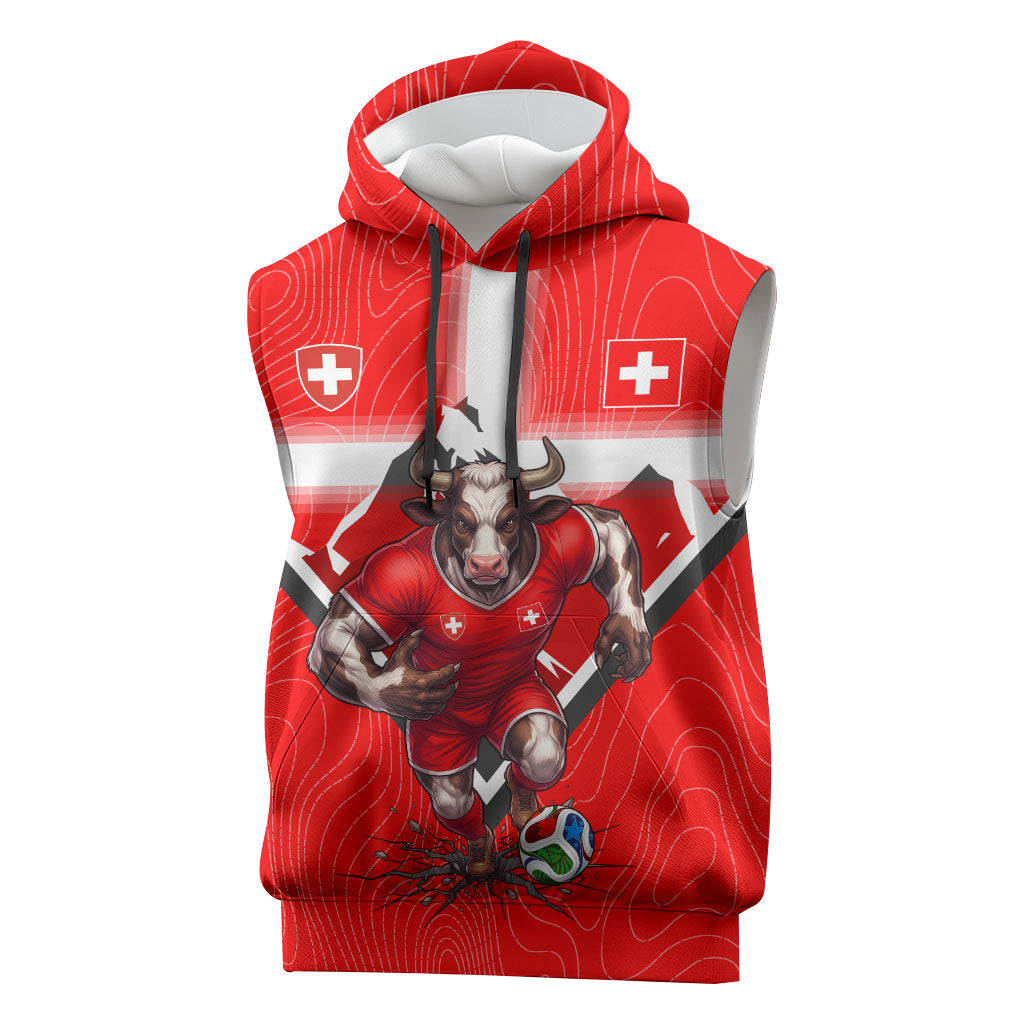 Personalized Switzerland Football Bull Mascot Sleeveless Hoodie Swiss Flag And Alps Mountain Background With Muscular Bull Art