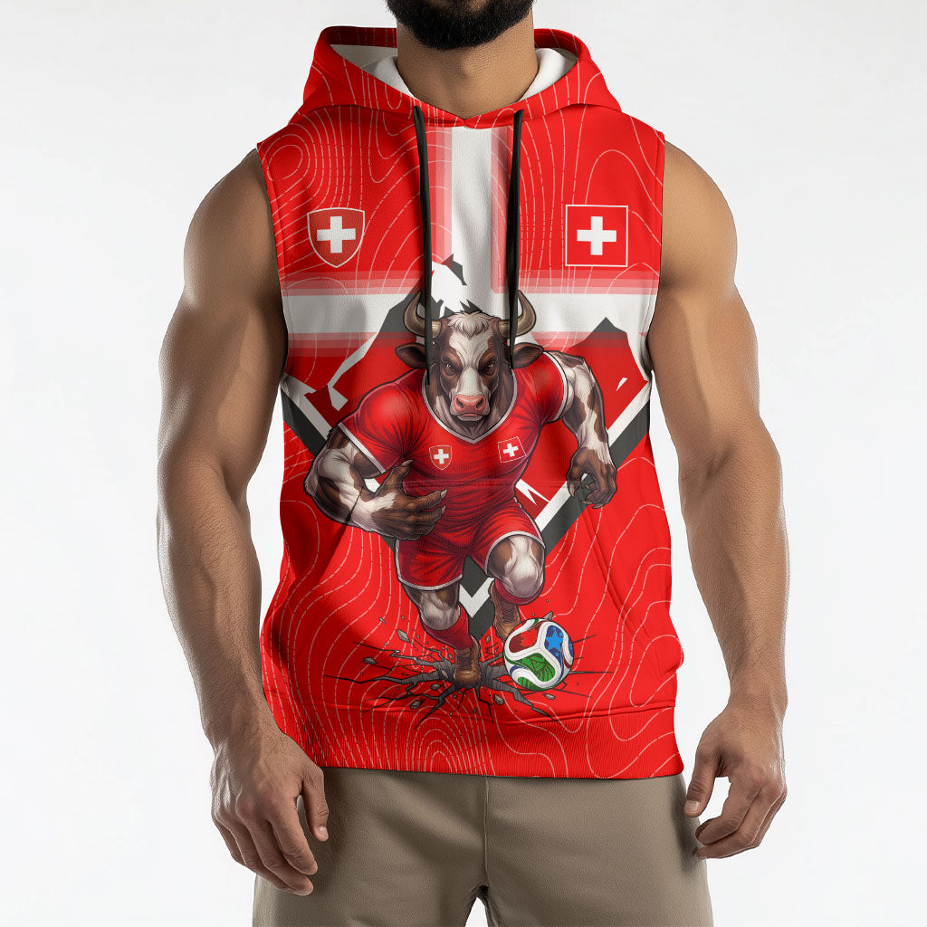 Personalized Switzerland Football Bull Mascot Sleeveless Hoodie Swiss Flag And Alps Mountain Background With Muscular Bull Art