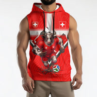 Personalized Switzerland Football Bull Mascot Sleeveless Hoodie Swiss Flag And Alps Mountain Background With Muscular Bull Art