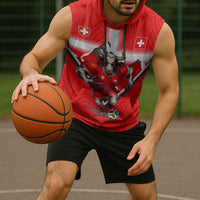 Personalized Switzerland Football Bull Mascot Sleeveless Hoodie Swiss Flag And Alps Mountain Background With Muscular Bull Art