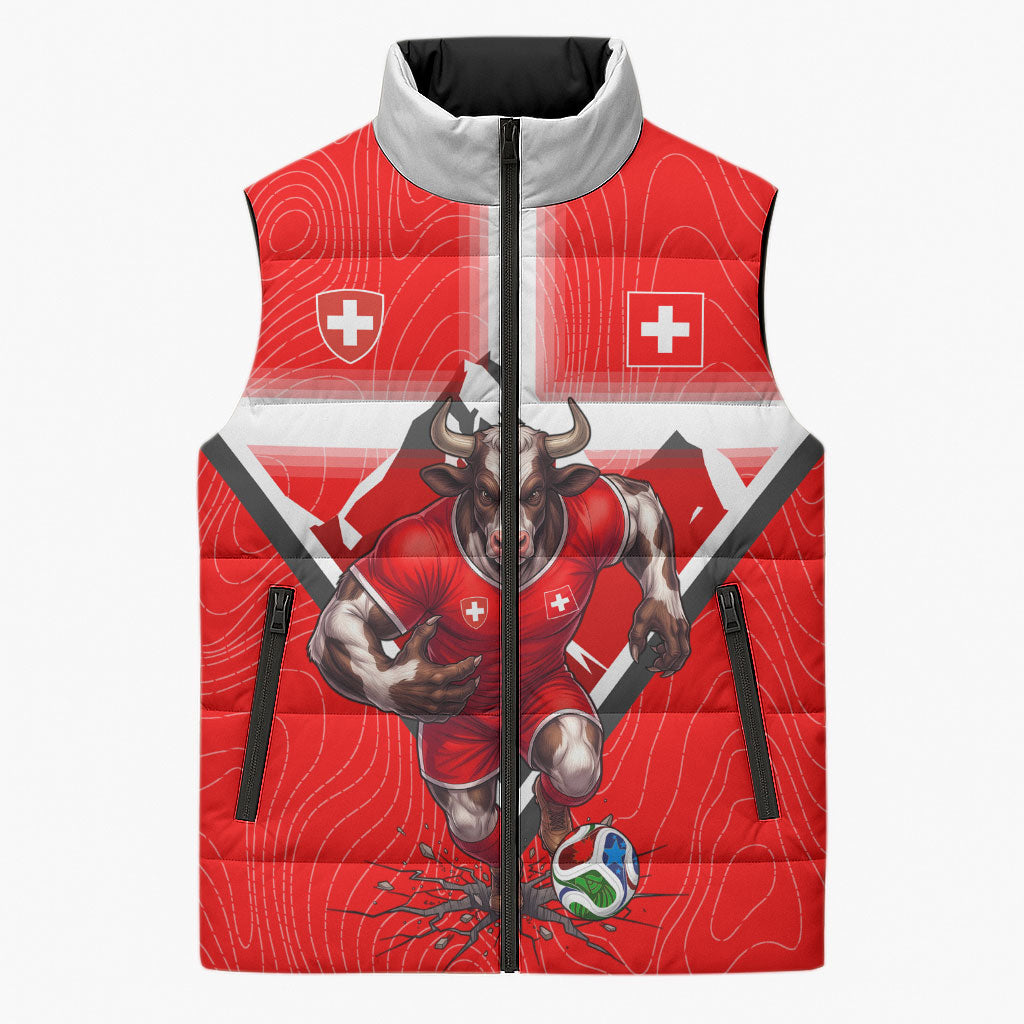 Personalized Switzerland Football Bull Mascot Sleeveless Puffer Jacket Swiss Flag And Alps Mountain Background With Muscular Bull Art