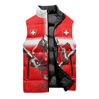 Personalized Switzerland Football Bull Mascot Sleeveless Puffer Jacket Swiss Flag And Alps Mountain Background With Muscular Bull Art