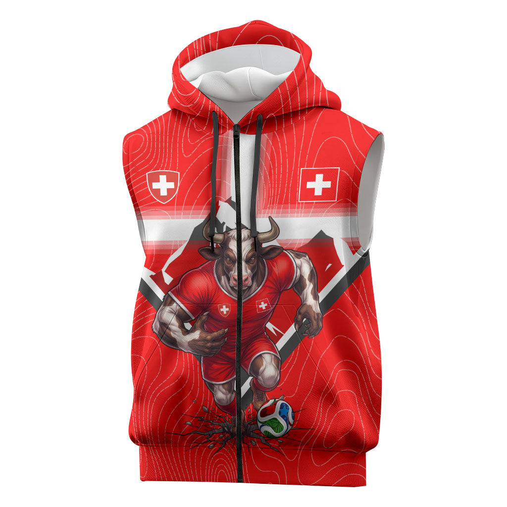 Personalized Switzerland Football Bull Mascot Sleeveless Zip Hoodie Swiss Flag And Alps Mountain Background With Muscular Bull Art