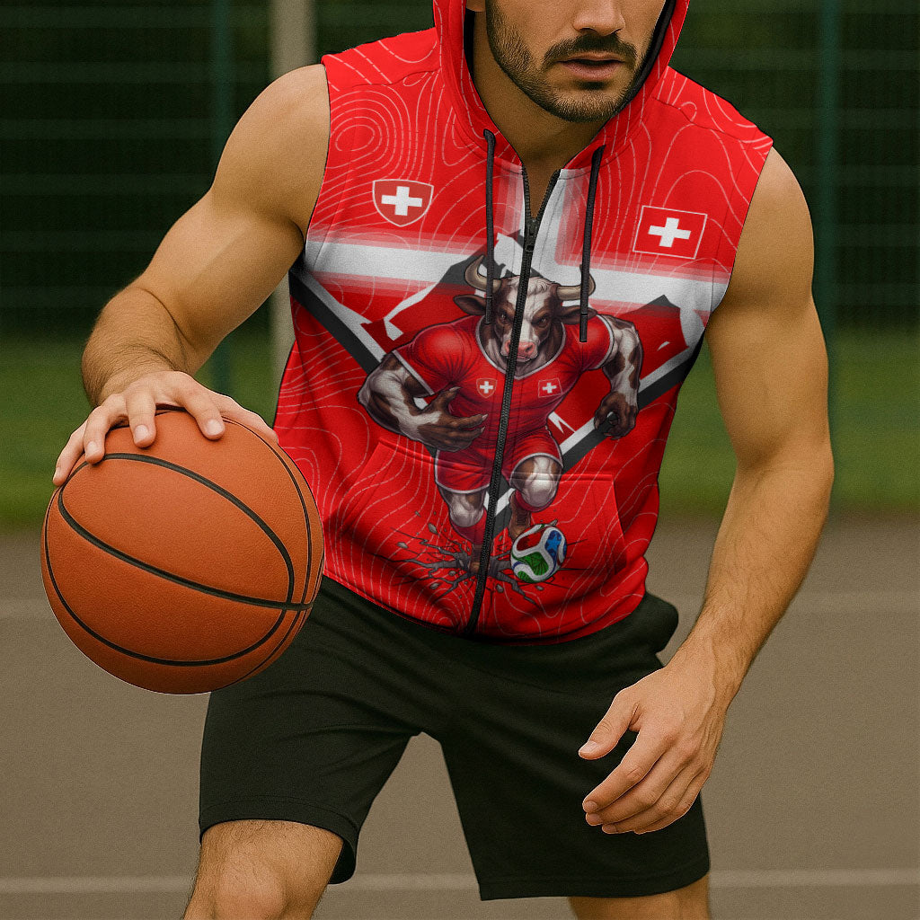 Personalized Switzerland Football Bull Mascot Sleeveless Zip Hoodie Swiss Flag And Alps Mountain Background With Muscular Bull Art