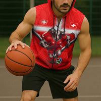 Personalized Switzerland Football Bull Mascot Sleeveless Zip Hoodie Swiss Flag And Alps Mountain Background With Muscular Bull Art